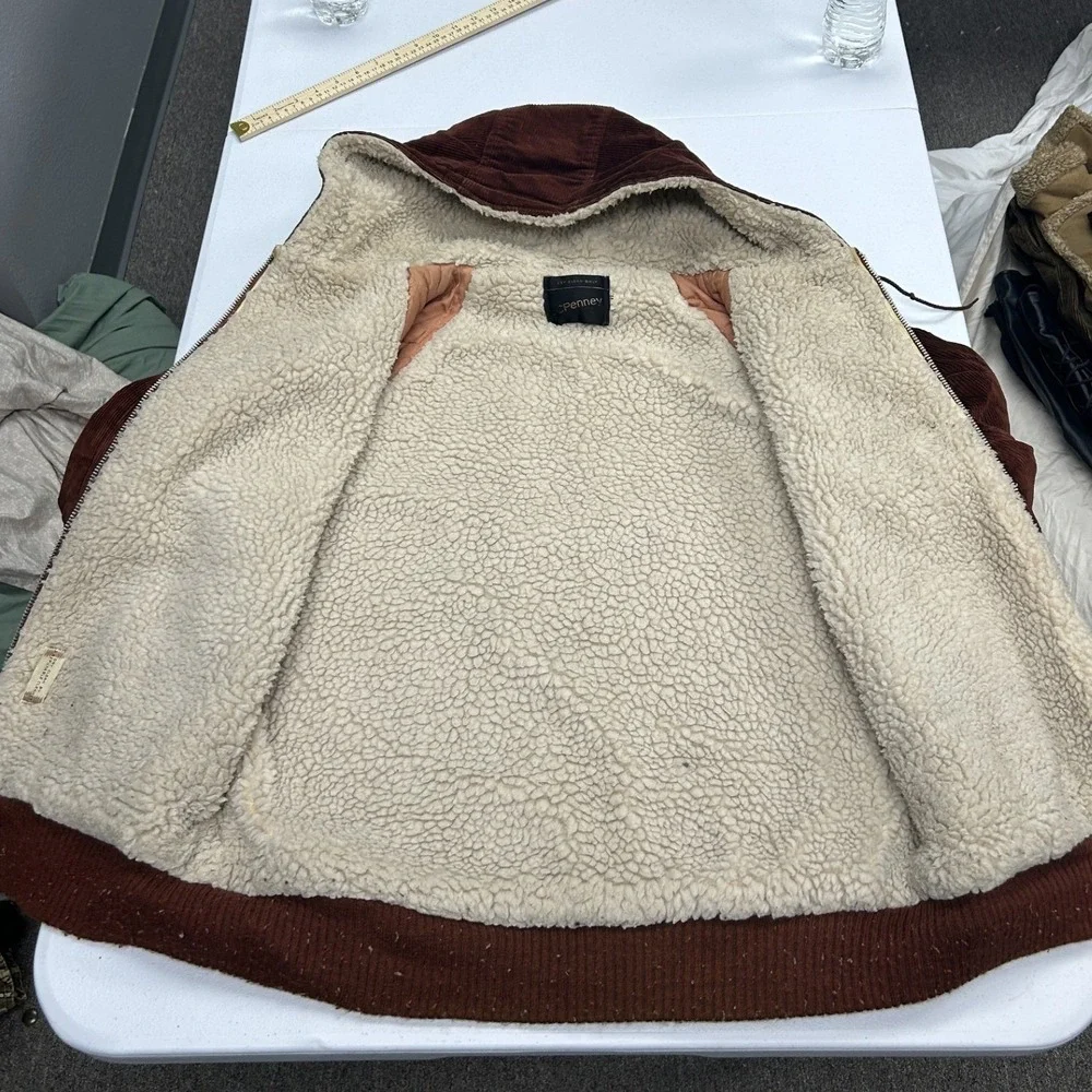 JCPenney Corduroy Jacket Mens 44L Brown Sherpa Lined Hooded Vintage Zip Up